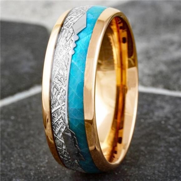 Men's Wedding Band Ring - Rose Gold Faux Blue Opal & Meteorite - Wedding Rings - Picture 7 of 8